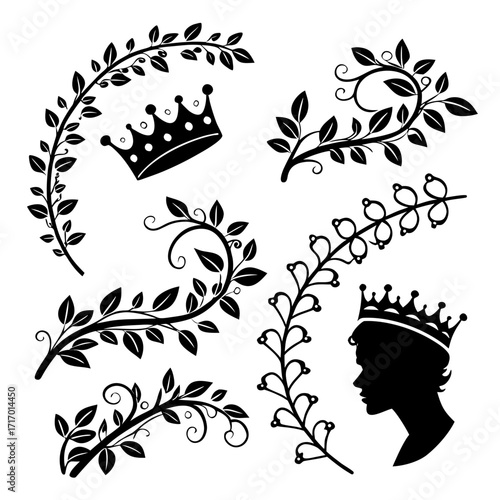 Black Silhouette Decorative Flourishes and Crowns white background