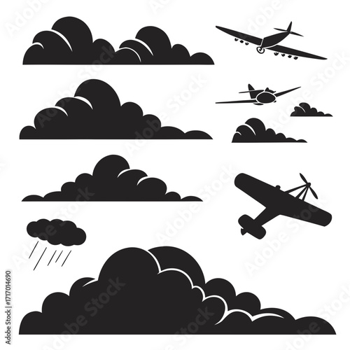 Black Silhouettes of Airplanes and Clouds with Rain