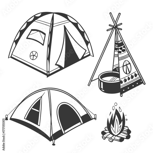 Camping Tents and Decorated Teepee with Campfire wigwam