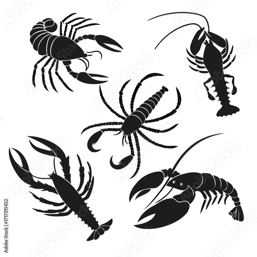 Collection of Black Lobster and Crayfish Silhouettes Keywords: lobster, crayfish, crawfish