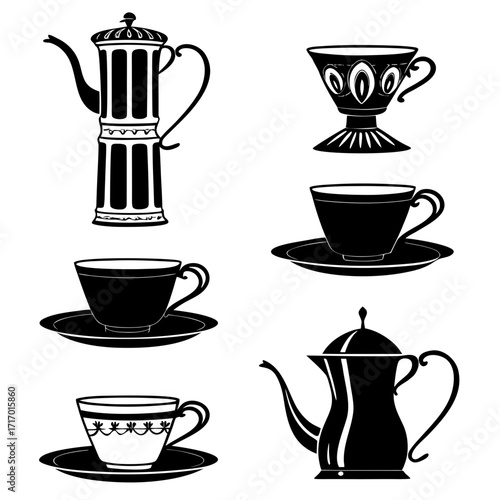 Collection of Vintage Teapots and Cups Silhouettes