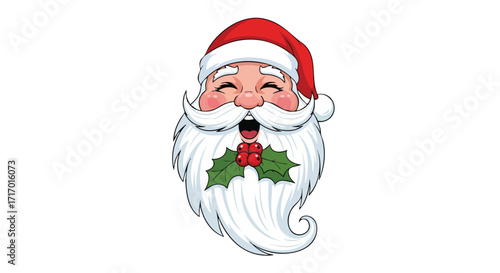 A cheerful cartoon illustration of Santa Claus's head, featuring his iconic red hat, long white beard, and a sprig of festive holly with red berries.