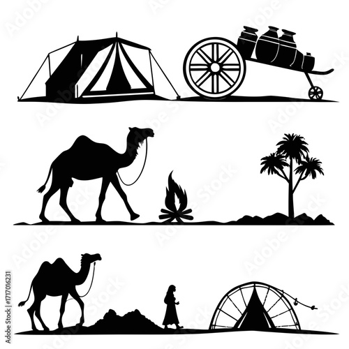 Desert Scene Silhouettes With Camel And Tent Keywords: desert, camel, tent, caravan, travel