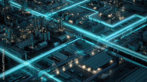 Analyze the economic impact and symbolism of glowing data channels in modern manufacturing zones