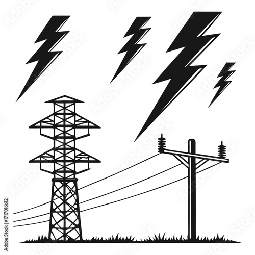 Electricity Pylons and Lightning Bolts Silhouette Keywords: electricity, power, energy