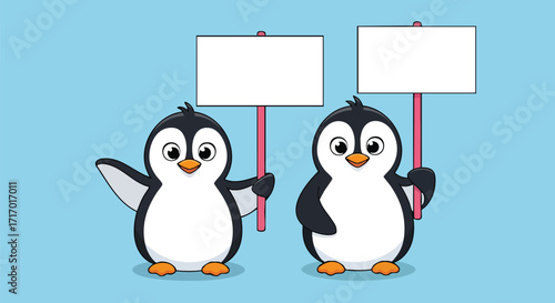 Two cute cartoon penguins holding blank white signs for text or messages on a blue background.