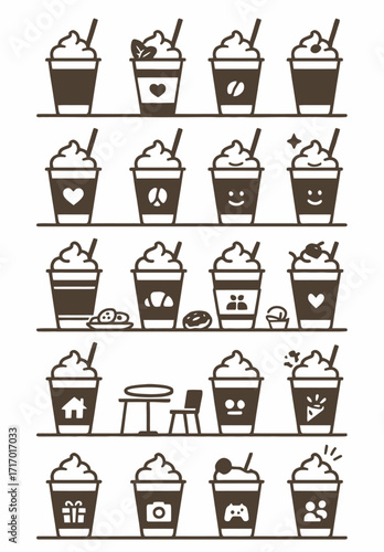 A diverse collection of vector icons depicting iced blended coffee drinks, each cup decorated with unique symbols representing various hobbies and emotions