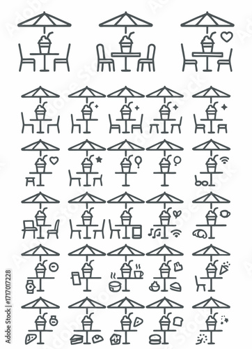 Collection of stylized line art icons representing outdoor cafe tables with umbrellas, drinks, and food items, perfect for menu design or restaurant branding