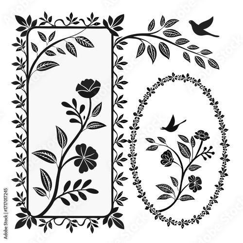 Floral Frame and Oval Border with Birds Keywords: floral, frame, border, oval, bird, silhouette