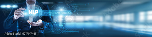 Tableau sur toile NLP, Businessman holding intelligent global industry, speech recognition, sentiment analysis, text mining, chatbots, translation systems, AI-driven communication, and advanced language modeling
