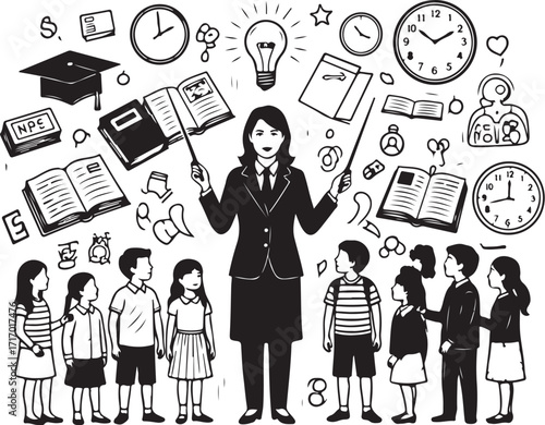 Teacher instructing students with educational icons silhouette
