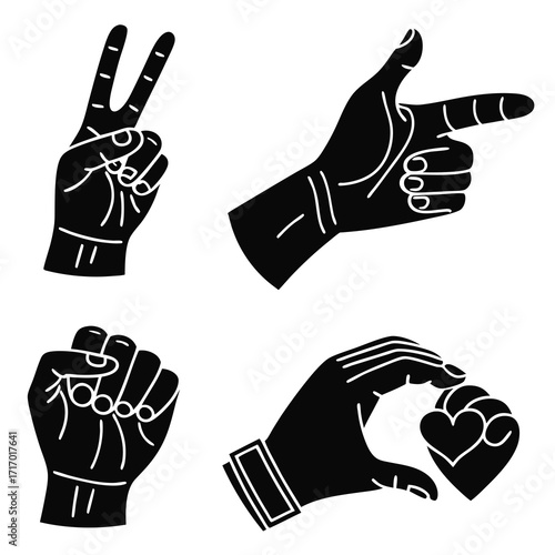 Four Black Hand Gestures Including Heart Shape Keywords: hand, gesture, sign, symbol