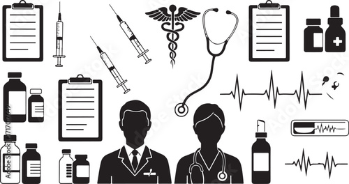 Medical icons healthcare professionals and equipment collection silhouette