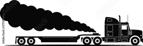Semi truck silhouette, flatbed trailer illustration, diesel exhaust smoke, heavy transport vehicle, freight truck design, pollution concept art, black and white vector