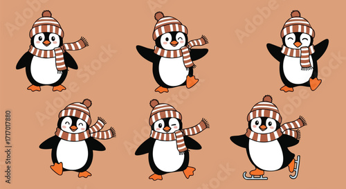 A collection of six adorable cartoon penguins wearing striped winter hats and scarves.