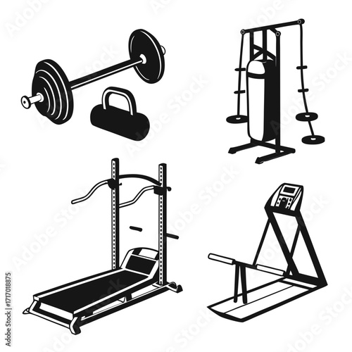 Gym Equipment Silhouettes on White Background barbell