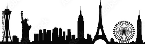 World landmarks skyline silhouette, famous monuments illustration, global cityscape design, international travel concept, iconic architecture vector, tourism destination art, black and white graphic
