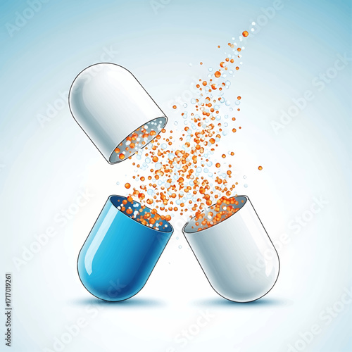 A split capsule releases microscopic orange particles, illustrating pharmaceutical release.