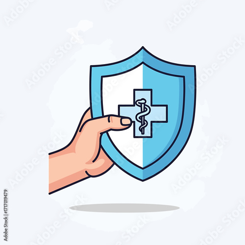 Hand gently holding a protective shield featuring a medical caduceus symbol, representing healthcare protection.