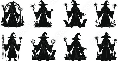 Fantasy wizard silhouette, magical sorcerer with staff, gothic magician casting spell, enchanted dark wizard illustration, mystical occult artwork, fantasy designFantasy wizard silhouette,