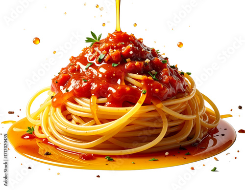  Spaghetti with Tomato Sauce Topped with Herbs and Olive Oil, Gourmet Food Presentation