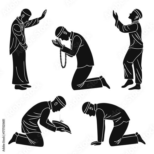Muslim men praying in various Islamic prayer postures