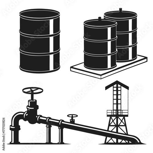 Oil Barrels and Industrial Pumping Station Icons silhouettes