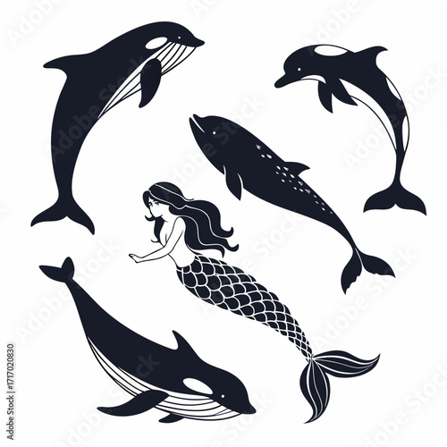 Orca, dolphin, and mermaid silhouettes in a group sea creature