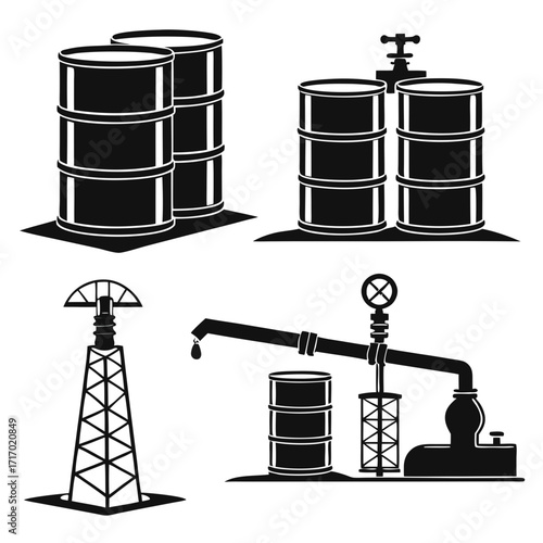 Oil Rig, Barrels and Pumping System Icons silhouettes