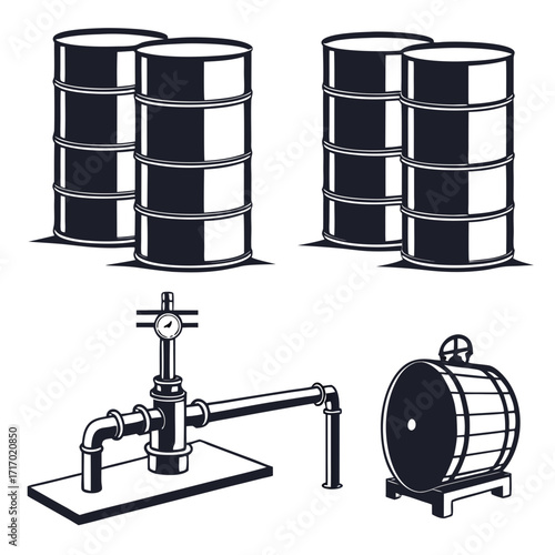 Oil Barrels and Industrial Equipment Icons silhouettes