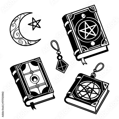 Occult books, crescent moon, star and geometric pendant Keywords: book, charm, occult, mystical