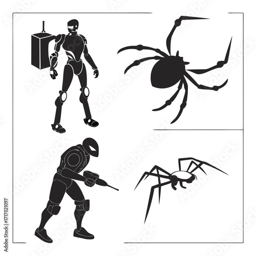 Robot Soldier and Spider Silhouettes android cyborg