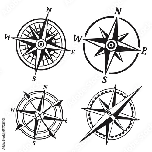 Set of four vintage compass rose illustrations Keywords: compass, compass rose, navigation