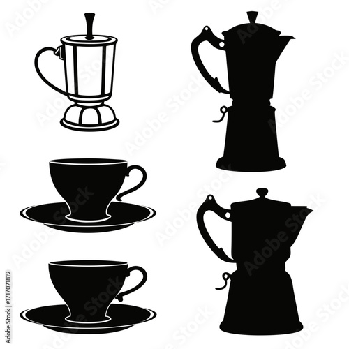 Silhouette of Coffee Makers and Cups moka pot espresso maker