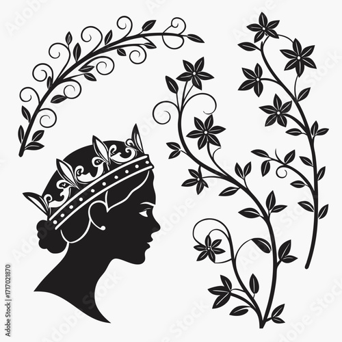 Silhouette Profile of Queen with Floral Embellishments