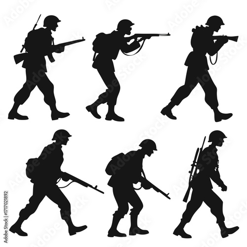 Silhouette soldiers in action with rifles on white background