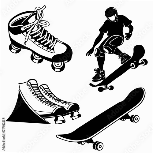 Silhouettes of roller skates, skateboarder, and skateboard on white background
