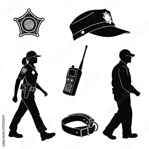 Silhouettes of police officers, equipment and uniform items