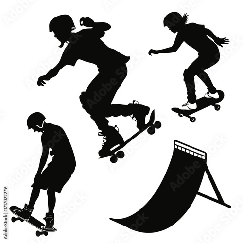 Silhouettes of skateboarders and ramp on white background