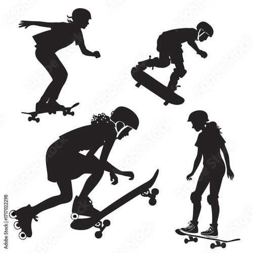 Silhouettes of skateboarders and rollerbladers in action