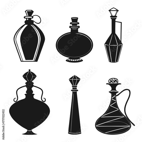 Six black silhouette decorative bottles and decanters Keywords: bottle, decanter, silhouette