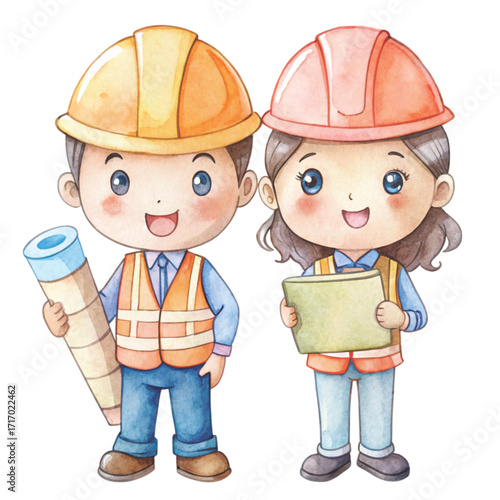 Watercolor illustration of a cute engineer clipart watercolor white background