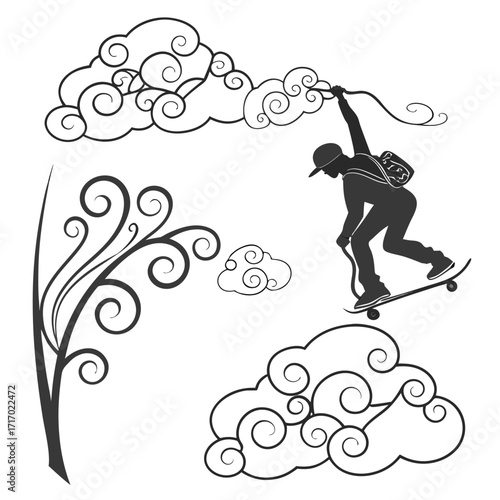 Skateboarder Silhouette Amongst Swirling Clouds skateboarding