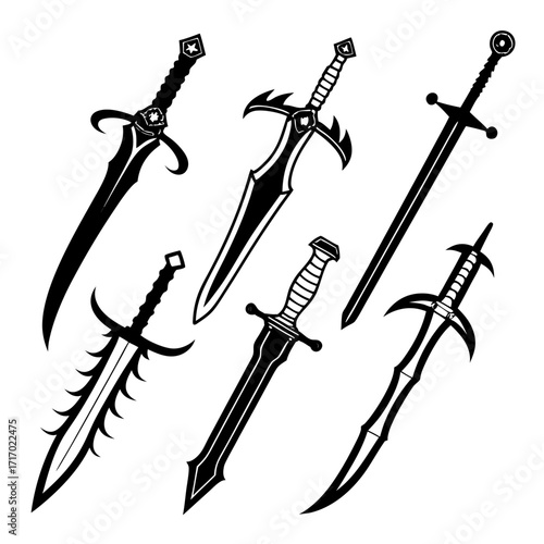 Six Stylized Swords Silhouettes on White Background