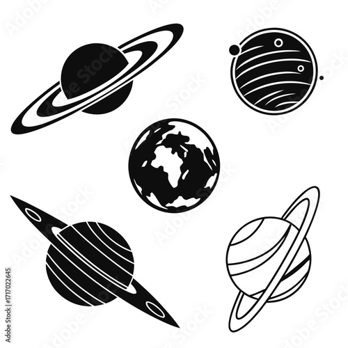 Stylized black planets and Earth with rings and stripes