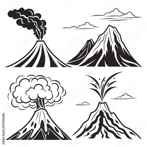Stylized Volcano Illustrations With Smoke and Clouds