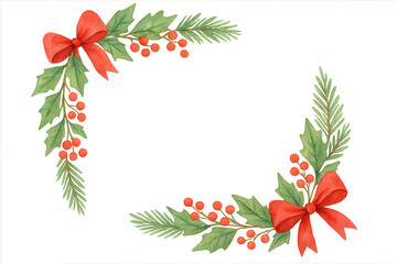 Christmas corner border with red bows, holly, berries, and pine branches, watercolor frame on transparent background
