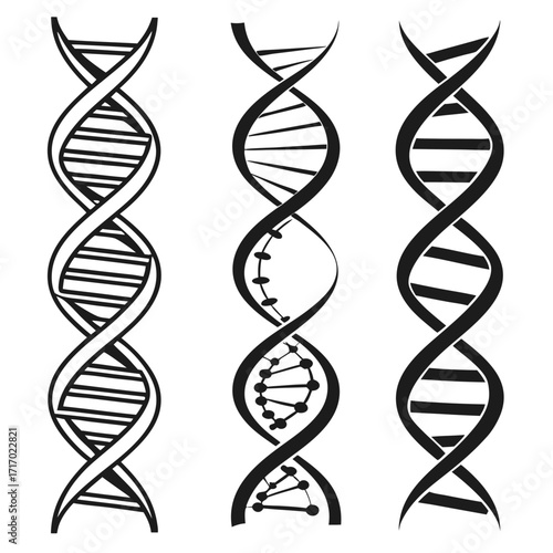 Three stylized DNA double helix structures in black and white