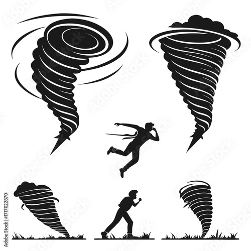 Tornadoes and Running Silhouettes on White Background