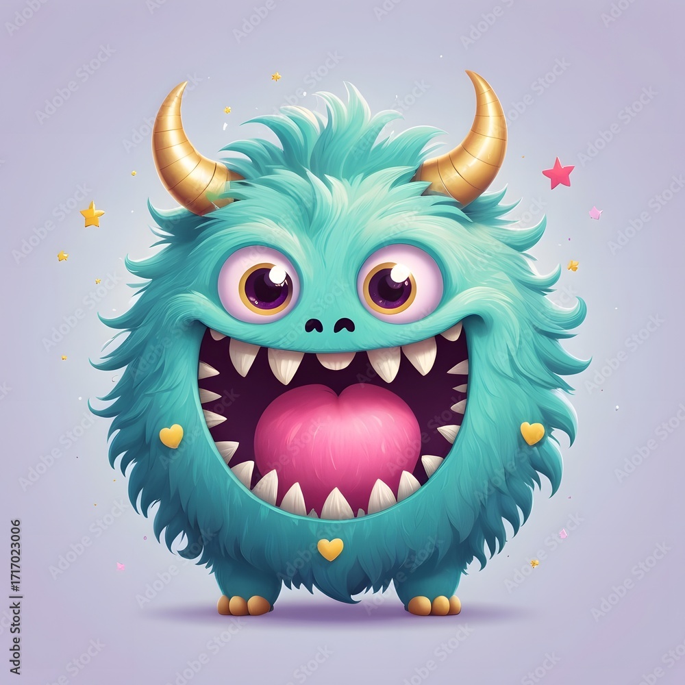 Naklejka premium Whimsical teal monster with golden horns and heart-shaped tongue, radiating pure joy and playful energy in a pastel setting with confetti, perfect for children's themes and celebrations.